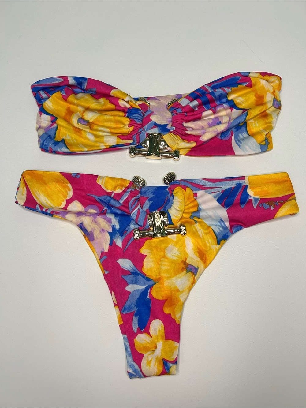 Pink Floral Bandeau Bikini Set with Gold Accent medium top large bottom thong